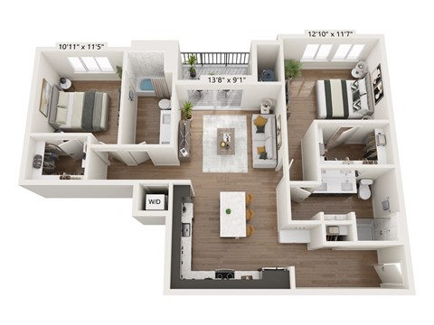 Floor plan for 2 beds, 2 baths, 1201 sqft